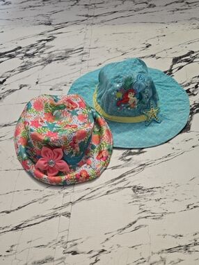 Disney Little Mermaid Girls Sun Hats - Pink Floral & Aqua Mermaid Size 3-6